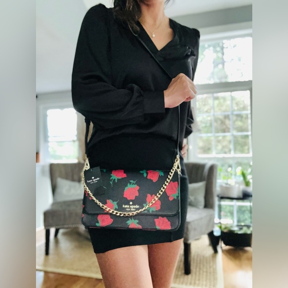 NWT Kate Spade Crossbody Rose Printed Flap Crossbody Purse Black Multi - Picture 7 of 9